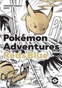 Text: "Pokémon Adventures Red & Blue". Ein Pikachu mit entschlossenem Gesichtsausdruck. Japanischer Manga-Stil.