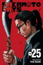 "Sakamoto Days vol. 25" Text auf rotem Hintergrund. Ein Mann mit Brille hält ein Schwert mit Drachenverzierung.