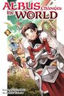 "ALBUS CHANGES the WORLD" und "2" oben links. Illustration mit lächelndem Mann in Rüstung, Vogel und Gebäuden im Hintergrund.