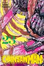 Text: „Story & Art Tatsuki Fujimoto“, „23“, „Chainsaw Man“. Illustration von Kettensägen, Eingeweiden und lebhaften Farben.