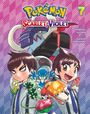 "Pokémon Scarlet Violet" und "7" in leuchtenden Farben. Zwei Figuren mit markanten Gesichtsausdrücken, umgeben von Pokémon.