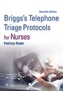 "Seventh Edition; Briggs's Telephone Triage Protocols for Nurses, Patricia Reder." Hände mit Smartphone und digitalem Globus.