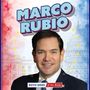 Text "MARCO RUBIO", "BOTH SIDES of the Aisle". Illustration einer Person vor Washingtons Kapitol. Stars und Streifen-Hintergrund.