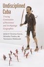 "Undisciplined Cuba" und Details zu Widerstand und Geographie. Holzskulptur eines Mannes mit Pfeilen, umgeben von Figuren.