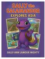 "SALLY the SALAMANDER EXPLORES ASIA" zeigt eine lila Salamanderfigur mit Rucksack und Pass vor Asien-Bildern.
