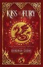 „KISS OF FURY“, „THE DRAGONFIRE NOVELS“, „DEBORAH COOKE“. Goldener Drache auf rotem Hintergrund, keltische Muster.