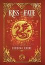 "Kiss of Fate", reich verzierte Drachen-Illustration in Gold und Rot, umgeben von keltischen Mustern.