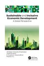 Titel: "Sustainable and Inclusive Economic Development". Futuristische grüne Stadt mit geometrischen Mustern oben.