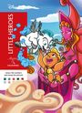Text: "LITTLE HEROES", "Mystery Colouring", "Colour the numbers and reveal the picture!" Illustration eines Babys, einer Frau und eines fliegenden Pferdes.