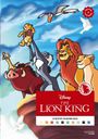 "Disney The Lion King, 50 Mystery Colouring Pages." Illustration von Tieren, die ein Löwenjunges emporheben.