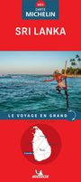 "MICHELIN", "SRI LANKA", "LE VOYAGE EN GRAND". Ein Fischer balanciert auf Stelzen im Meer, Palmen im Hintergrund. Karte unten.