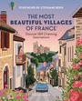 „THE MOST BEAUTIFUL VILLAGES OF FRANCE“. Illustration: bunte Dorfstraße, Auto, Blumen, Burg im Hintergrund.