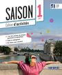 "Saison 1 A1+, Cahier d'activités. + de 300 activités, Toute la conjugaison, Des bilans. Frau mit Kopfhörern entspannt."
