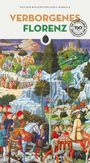 "VERBORGENES FLORENZ", Illustration einer lebhaften mittelalterlichen Szenerie mit Rittern, Pferden und Landschaften.