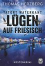 THOMAS HERZBERG, TATORT WATERKANT, LÜGEN AUF FRIESISCH. Küstenkrimi, Möwen über nächtlichem Küstenort mit Lichtern.