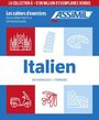 Text: "Italien", "350 exercices + corrigés", "Les cahiers d'exercices", "FAUX-DÉBUTANTS & INTERMÉDIAIRE", "ASSiMiL". 
Illustrationen: Gebäude, Vespa, Schere, Pizza.