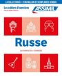 „Russe“, „210 Exercices + Corrigés“. Illustrationen russischer Symbole: Matrjoschka, Basilius-Kathedrale, Pelzmütze.