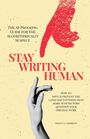 "Stay Writing Human" in großer Schrift, eine schwarz-weiße Hand zeigt nach oben, rote, skizzenhafte Hand darüber.