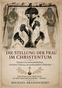 „DIE STELLUNG DER FRAU IM CHRISTENTUM“. Illustration: Symmetrische, stilisierte Figuren und Pflanzen.