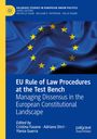 Text: "EU Rule of Law Procedures at the Test Bench." Hintergrund: EU-Flagge mit gelben Sternen auf blauem Grund.