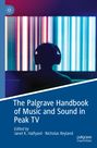 „The Palgrave Handbook of Music and Sound in Peak TV“, blauer Hintergrund, Silhouette mit Kopfhörer vor bunten Streifen.