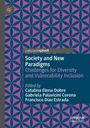 Titel: "Society and New Paradigms: Challenges for Diversity and Vulnerability Inclusion". Blau-lila geometrisches Muster.