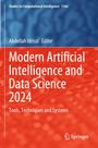 „Modern Artificial Intelligence and Data Science 2024“ in Weiß auf orange-rot. Blaues und rotes Hintergrundmuster.
