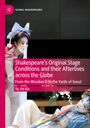 Ein Künstler in traditioneller Kostümierung, dramatisch geschminkt, hält eine Blume. Text: "Shakespeare's Original Stage Conditions".