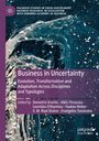 „Business in Uncertainty: Evolution...“ auf lila Balken, wirbelartiger Hintergrund in Blau- und Weißtönen.