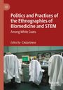 Der Text lautet: "Politics and Practices of the Ethnographies of Biomedicine and STEM. Among White Coats. Edited by Cinzia Greco." Im Hintergrund sind Bürostühle mit weißen Kitteln an einem Schreibtisch zu sehen.