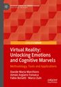 Text: "Virtual Reality: Unlocking Emotions and Cognitive Marvels." Rotes Hintergrundmuster, geometrische Formen.