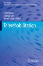 "TELe-Health", "Telerehabilitation", blaue und violette Hintergrundfarben mit unscharfen Mustern.