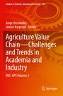 Titel: Agriculture Value Chain—Challenges and Trends in Academia and Industry. Hintergrund mit orangefarbenen Zahnrädern.