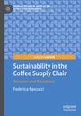 „Sustainability in the Coffee Supply Chain“, Federica Pascucci, blauer Hintergrund, weißer Text, geometrisches Muster.