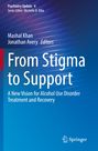 Text: "From Stigma to Support: A New Vision for Alcohol Use Disorder Treatment and Recovery." Hintergrund in Blau- und Lilatönen.