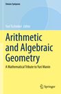 „Arithmetic and Algebraic Geometry“, ein mathematischer Tribut von Yuri Tschinkel; blau-gelbes Design mit geometrischen Kreisen.