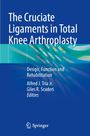 Text: "The Cruciate Ligaments in Total Knee Arthroplasty: Design, Function and Rehabilitation" von Alfred J. Tria Jr., Giles R. Scuderi. Springer-Logo unten. Hintergrund: Blaue und grüne geometrische Formen.