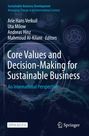 "Core Values and Decision-Making for Sustainable Business" mit Erdkugel, Natur und Recycling-Symbolen auf dunkelblauem Hintergrund.
