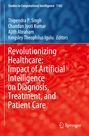 Text: Revolutionizing Healthcare: Impact of AI on Diagnosis, Treatment, and Patient Care. Hintergrund: Blau und Rot.
