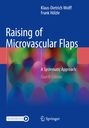 Auf blauem Hintergrund: "Raising of Microvascular Flaps", "A Systematic Approach", "Fourth Edition". Abstrakte Farbmuster.