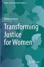 Titel: "Transforming Justice for Women", Autor: Sharon Duignan. Silhouetten von Personen in Blau- und Grüntönen.