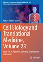 "Cell Biology and Translational Medicine, Volume 23" mit einem DNA-Symbol, menschliche Silhouette, Blasen im Hintergrund.