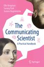 Buchtitel: "The Communicating Scientist". Rosa und weiße Farben, Gesichter aus alten Illustrationen, wissenschaftliche Symbole.