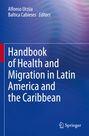 "Handbook of Health and Migration in Latin America and the Caribbean" in Weiß auf blauem Hintergrund mit bunten Wellenlinien.