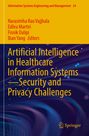Titel: "Artificial Intelligence in Healthcare Information Systems – Security and Privacy Challenges". Autoren: Narasimha Rao Vajjhala, Edlira Martiri, et al. Hintergrund in Gelb und Blau mit geschwungenen Linien. Springer-Logo.