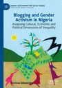 „Blogging and Gender Activism in Nigeria“ Text in Blau, abstrakte Landschaft mit Baum und Figuren in kunterbunten Farben.