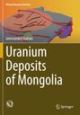 "Uranium Deposits of Mongolia", Jamsrandorj Galsan. Bunte geologische Illustration auf orangem Hintergrund. Logos unten.