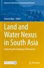 "Land and Water Nexus in South Asia" von Seema Rani. Gelber Hintergrund, Menschen und Tiere in einer bergigen Landschaft.
