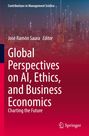 Buchtitel: "Global Perspectives on AI, Ethics, and Business Economics". Hintergrund: Skyline mit digitalem Netzwerk.