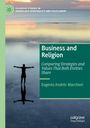 Buchtitel: Business and Religion. Ein Mensch steht mit ausgebreiteten Armen im Wasser, bei einem Sonnenuntergang.
